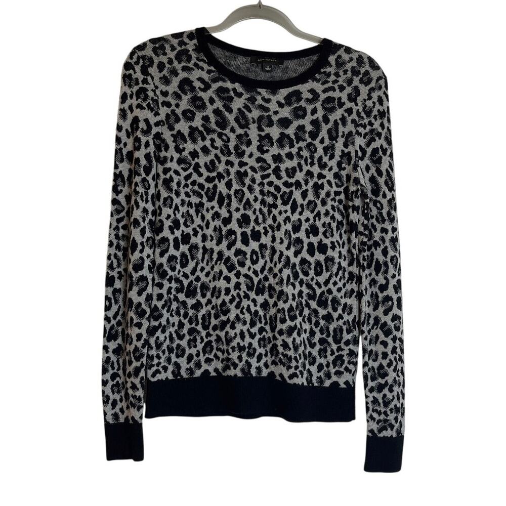 Ann Taylor Leopard Print Pullover Sweater Size M Gray Black Wool Blend Mob Wife